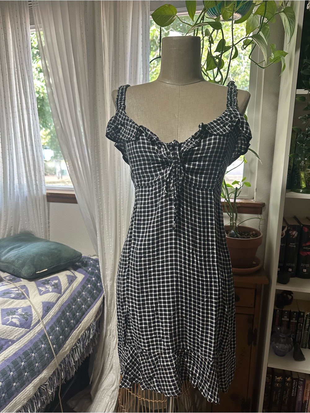 American Eagle Outfitters Black and White Checked Ruffle Tie-Front Slip Dress